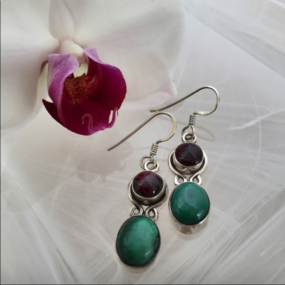 Vintage Sterling Silver Garnet Malachite Earrings